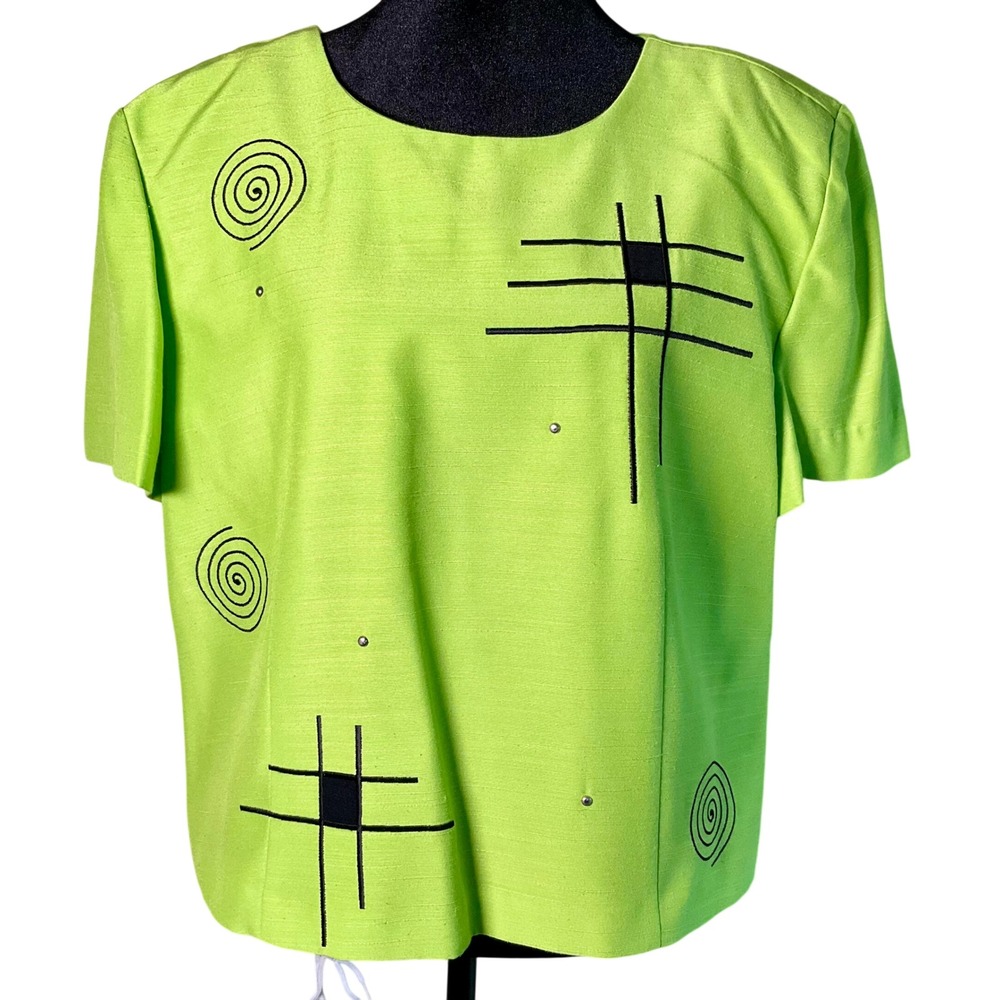 VTG 90s Sag Harbor Art To Wear Lime Chartreuse Embroidered Button Back Top Sz 18